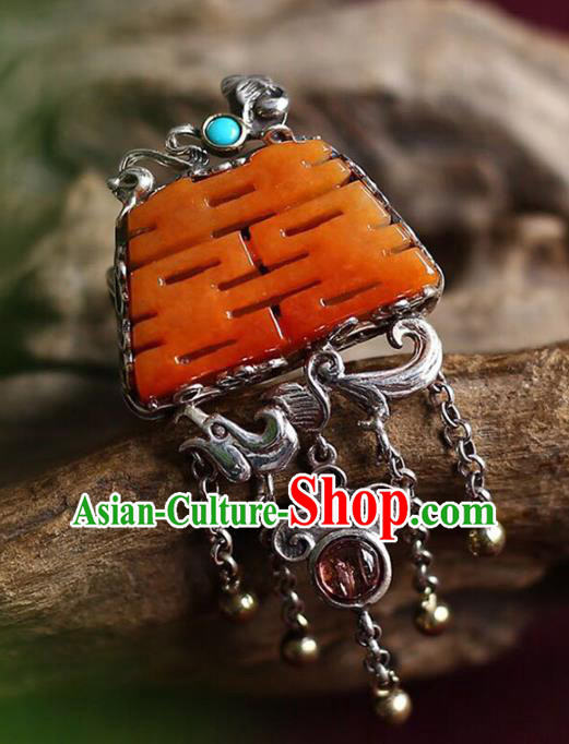 Chinese National Wedding Circlet Jewelry Traditional Handmade Jade Accessories Silver Tassel Ring