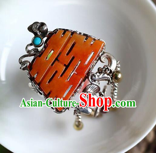 Chinese National Wedding Circlet Jewelry Traditional Handmade Jade Accessories Silver Tassel Ring