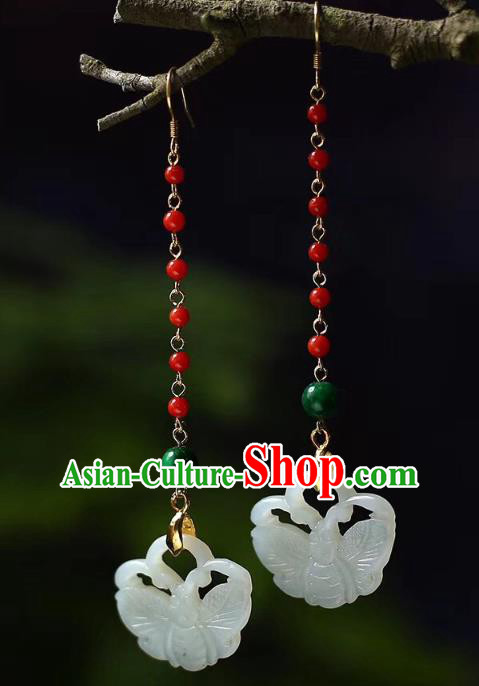 Handmade China Wedding Red Beads Eardrop Jewelry Traditional Accessories National Cheongsam Jade Butterfly Earrings