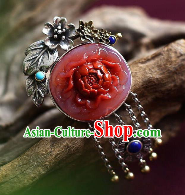 Chinese National Jade Ring Wedding Circlet Jewelry Traditional Handmade Carving Red Peony Accessories