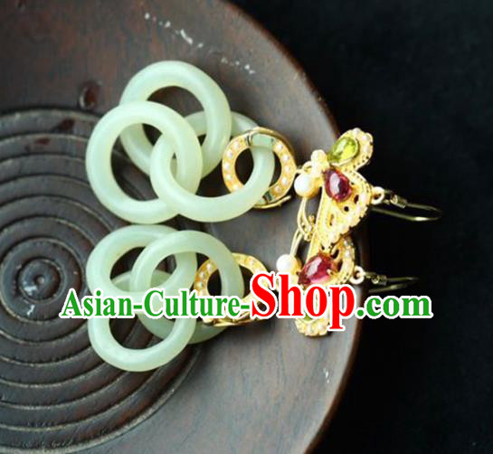 Handmade China Cheongsam Jade Rings Eardrop Traditional Jewelry Accessories National Golden Butterfly Earrings