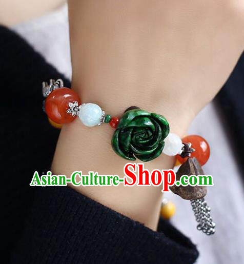 China Handmade Silver Bracelet Traditional Beeswax Jewelry Accessories National Jadeite Carving Rose Bangle
