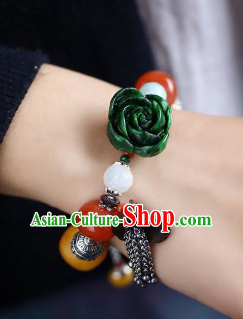 China Handmade Silver Bracelet Traditional Beeswax Jewelry Accessories National Jadeite Carving Rose Bangle