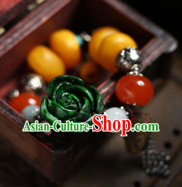 China Handmade Silver Bracelet Traditional Beeswax Jewelry Accessories National Jadeite Carving Rose Bangle