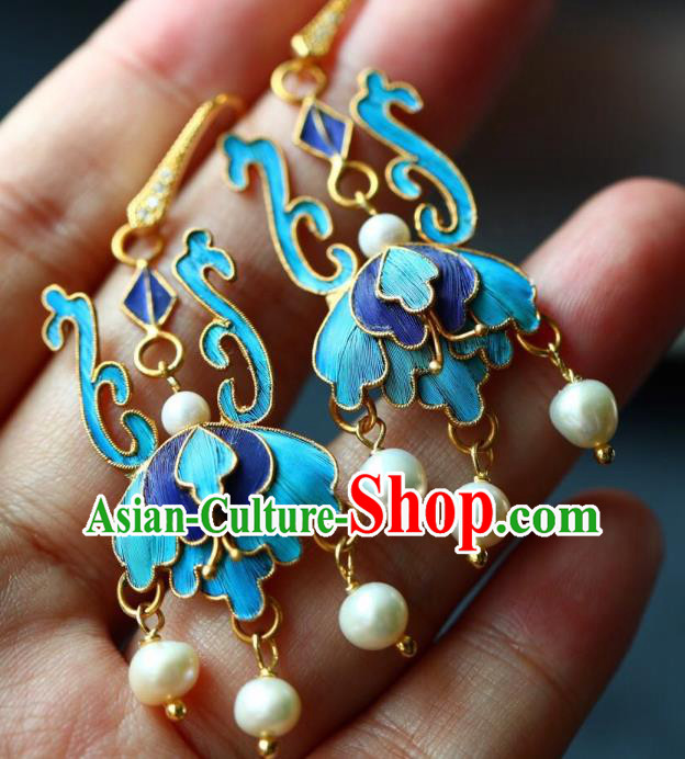 Handmade China Blueing Eardrop Jewelry Traditional Cheongsam Accessories National Pearls Tassel Earrings