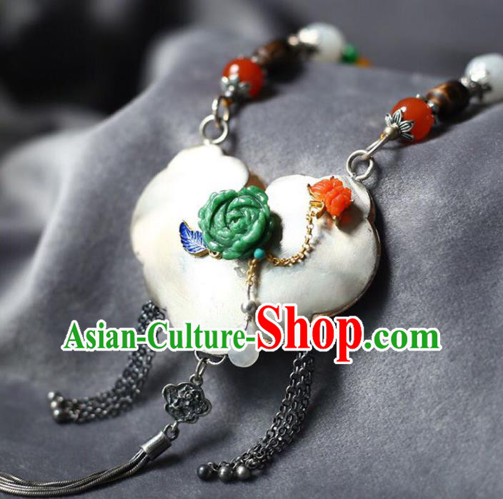Chinese Handmade Silver Accessories National Ceregat Beads Necklace Classical Longevity Lock Pendant