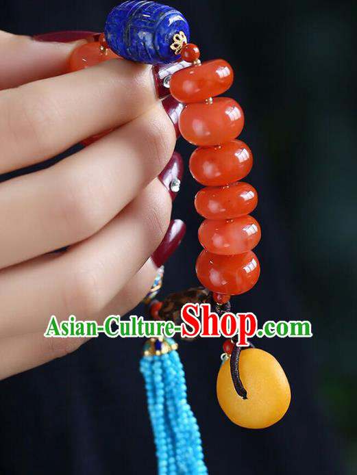China Handmade Red Bracelet Traditional Lapis Jewelry Accessories National Blue Beads Tassel Bangle