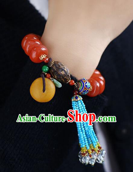 China Handmade Red Bracelet Traditional Lapis Jewelry Accessories National Blue Beads Tassel Bangle