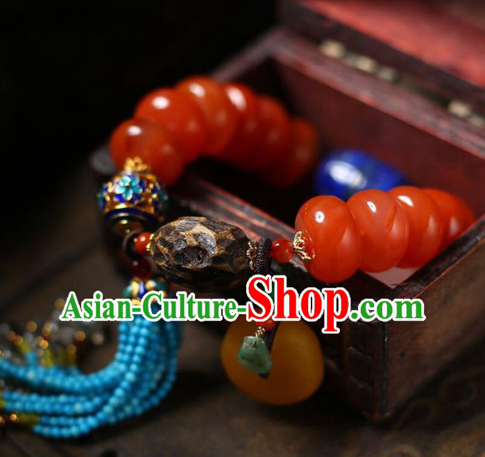 China Handmade Red Bracelet Traditional Lapis Jewelry Accessories National Blue Beads Tassel Bangle