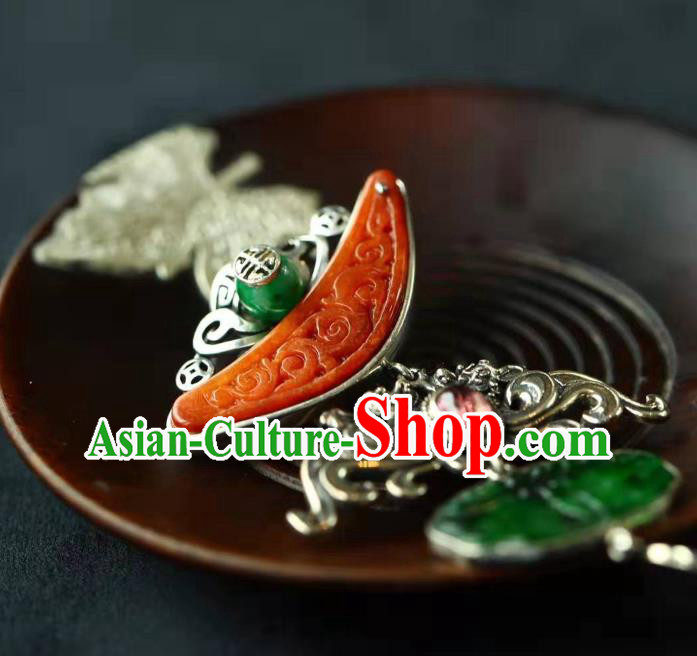Chinese Handmade Silver Brooch Accessories Traditional National Jade Pendant