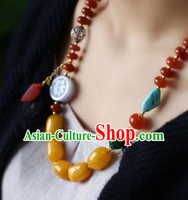 Chinese Handmade Agate Beads Necklet National Classical Necklace Beeswax Accessories