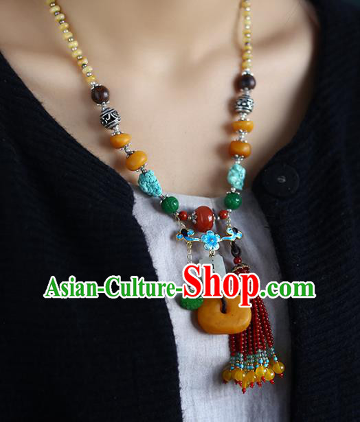 Chinese Handmade Garnet Beads Tassel Necklet National Classical Kallaite Necklace Beeswax Accessories