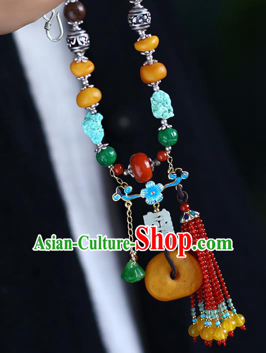 Chinese Handmade Garnet Beads Tassel Necklet National Classical Kallaite Necklace Beeswax Accessories