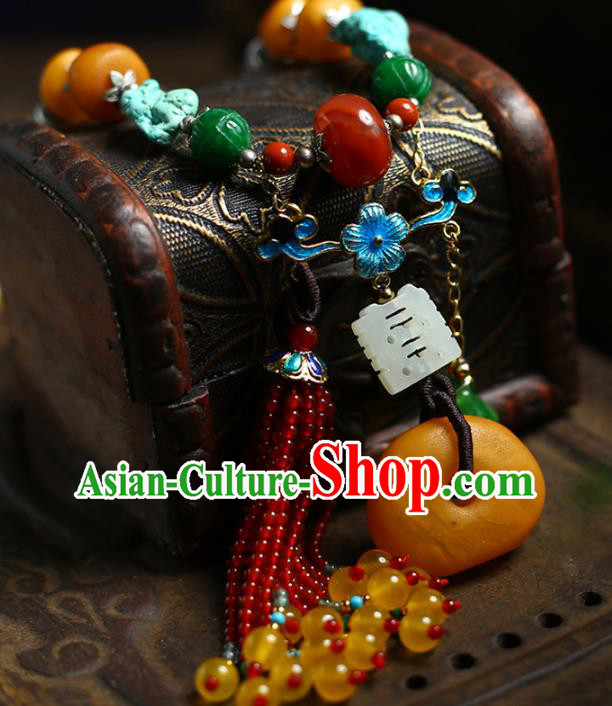 Chinese Handmade Garnet Beads Tassel Necklet National Classical Kallaite Necklace Beeswax Accessories