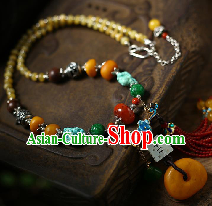Chinese Handmade Garnet Beads Tassel Necklet National Classical Kallaite Necklace Beeswax Accessories