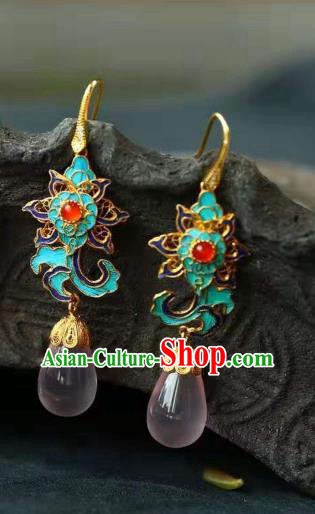 Handmade China Cloisonne Lotus Eardrop Jewelry Traditional Cheongsam Accessories National Rose Quartz Earrings