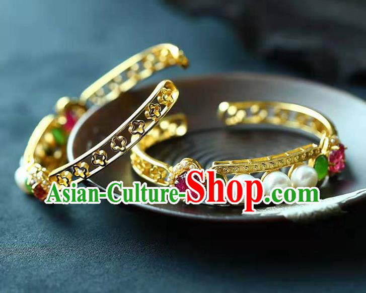 China National Golden Bangle Traditional Qing Dynasty Court Jewelry Accessories Handmade Gems Bracelet