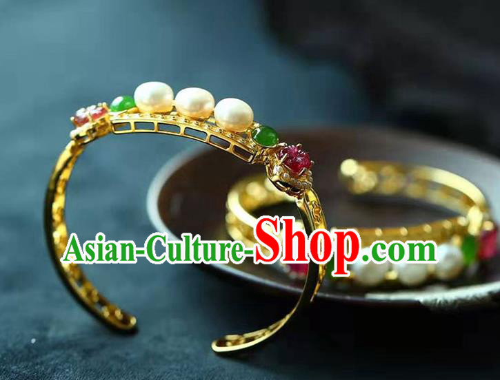 China National Golden Bangle Traditional Qing Dynasty Court Jewelry Accessories Handmade Gems Bracelet