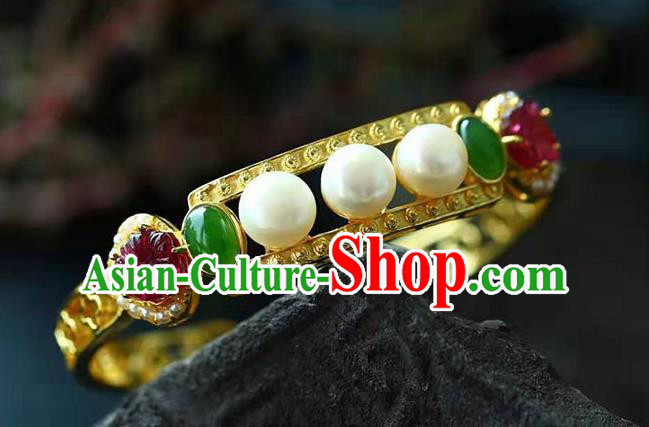 China National Golden Bangle Traditional Qing Dynasty Court Jewelry Accessories Handmade Gems Bracelet