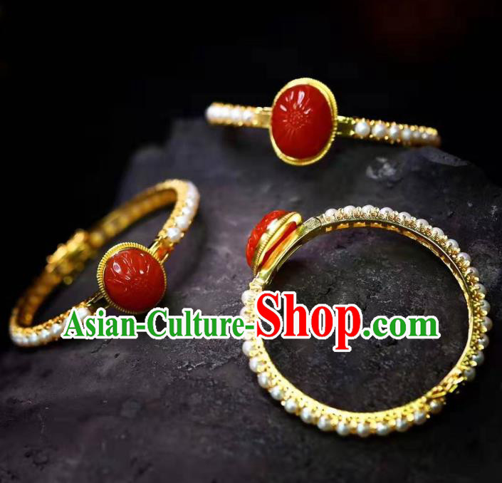 China Traditional Jewelry Accessories Handmade Agate Bracelet National Pearls Golden Bangle