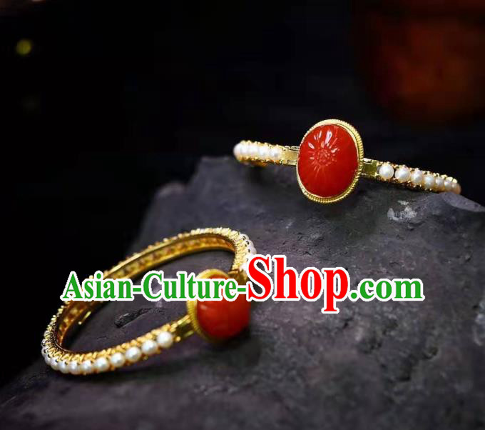China Traditional Jewelry Accessories Handmade Agate Bracelet National Pearls Golden Bangle