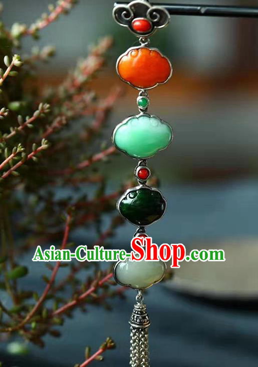 Chinese Handmade Qing Dynasty Silver Tassel Brooch Accessories Traditional Jade Breastpin Pendant Jewelry