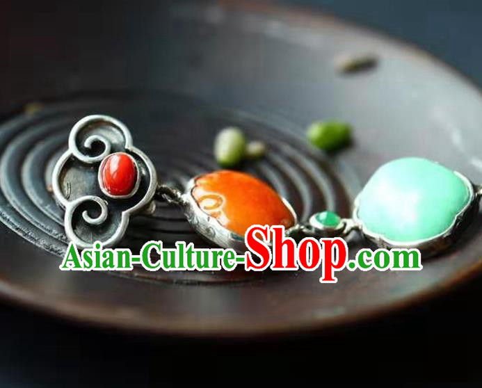 Chinese Handmade Qing Dynasty Silver Tassel Brooch Accessories Traditional Jade Breastpin Pendant Jewelry
