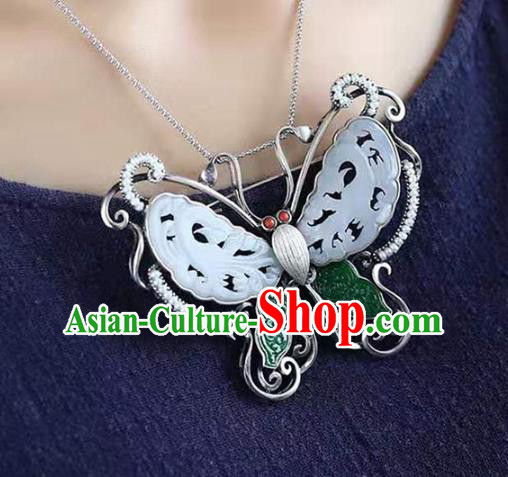 Chinese Handmade Butterfly Breastpin Pendant White Jade Brooch Accessories Traditional Silver Jewelry