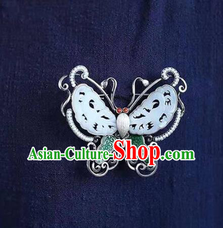 Chinese Handmade Butterfly Breastpin Pendant White Jade Brooch Accessories Traditional Silver Jewelry