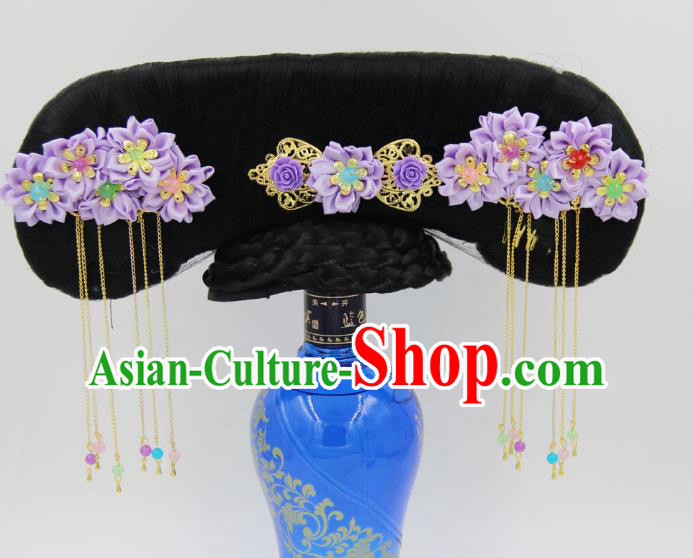 Chinese Ancient Qing Dynasty Palace Princess Great Wing Wigs and Purple Silk Flowers Hairpins