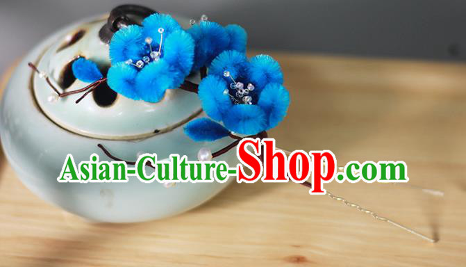 Chinese Qing Dynasty Princess Blue Velvet Plum Hairpin Ancient Court Hair Accessories