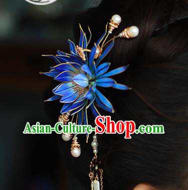 Chinese Traditional Hanfu Hair Accessories Blue Epiphyllum Hairpin Ancient Princess Hair Comb