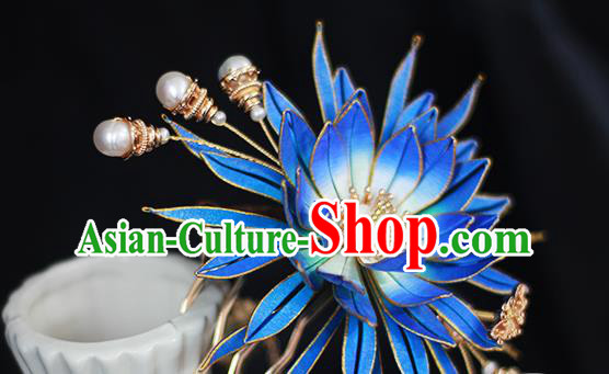 Chinese Traditional Hanfu Hair Accessories Blue Epiphyllum Hairpin Ancient Princess Hair Comb