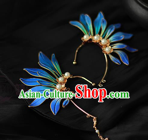 Handmade China Blue Silk Eardrop Jewelry Traditional Accessories National Pearls Earrings