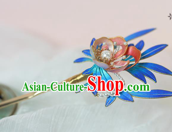 Chinese Ancient Palace Lady Blue Silk Hairpin Traditional Ming Dynasty Flowers Hair Stick