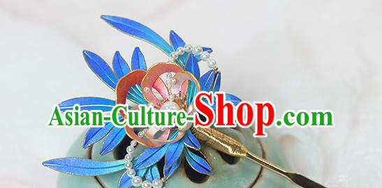 Chinese Ancient Palace Lady Blue Silk Hairpin Traditional Ming Dynasty Flowers Hair Stick