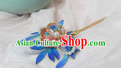 Chinese Ancient Palace Lady Blue Silk Hairpin Traditional Ming Dynasty Flowers Hair Stick