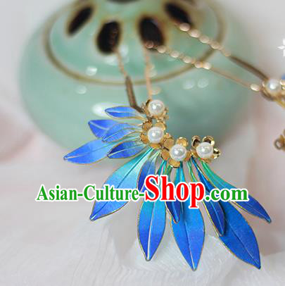 Chinese Traditional Ming Dynasty Hair Stick Ancient Princess Blue Silk Hairpin