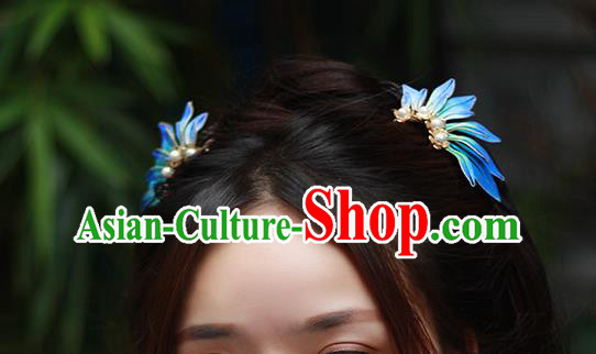 Chinese Traditional Ming Dynasty Hair Stick Ancient Princess Blue Silk Hairpin