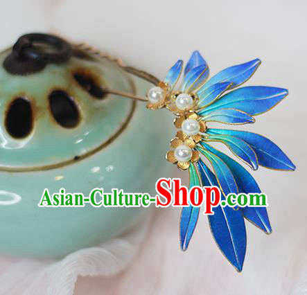 Chinese Traditional Ming Dynasty Hair Stick Ancient Princess Blue Silk Hairpin