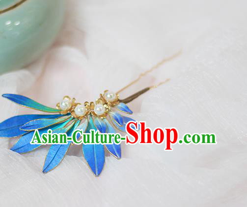 Chinese Traditional Ming Dynasty Hair Stick Ancient Princess Blue Silk Hairpin