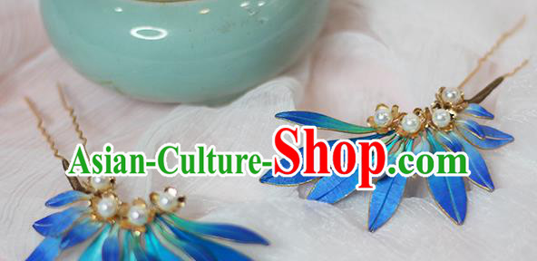 Chinese Traditional Ming Dynasty Hair Stick Ancient Princess Blue Silk Hairpin