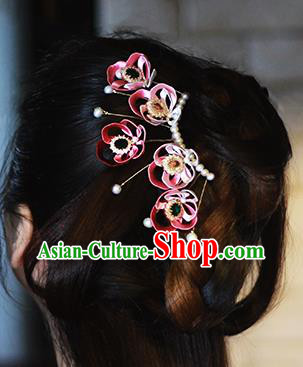 Chinese Ancient Court Woman Hairpin Traditional Song Dynasty Red Silk Peony Hair Comb