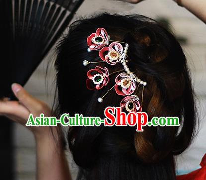 Chinese Ancient Court Woman Hairpin Traditional Song Dynasty Red Silk Peony Hair Comb