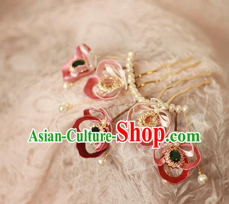 Chinese Ancient Court Woman Hairpin Traditional Song Dynasty Red Silk Peony Hair Comb