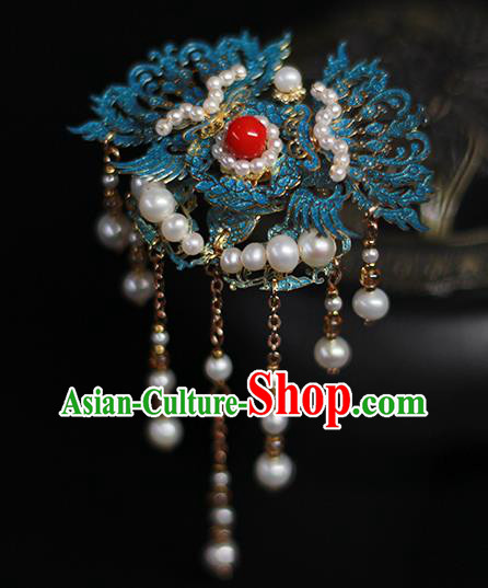 Chinese Traditional Ancient Empress Hair Accessories Ming Dynasty Queen Blueing Phoenix Tassel Hairpin
