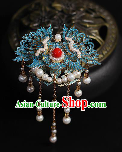 Chinese Traditional Ancient Empress Hair Accessories Ming Dynasty Queen Blueing Phoenix Tassel Hairpin