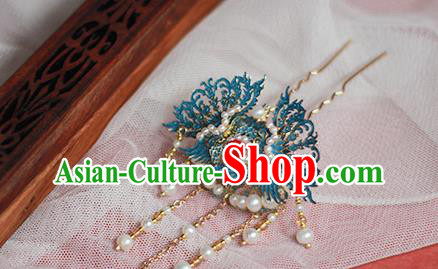 Chinese Traditional Ancient Empress Hair Accessories Ming Dynasty Queen Blueing Phoenix Tassel Hairpin