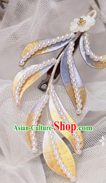 Chinese Ancient Princess Pearls Hair Accessories Traditional Ming Dynasty Silk Leaf Hair Stick