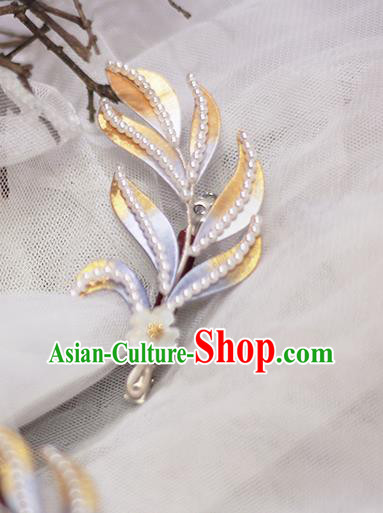 Chinese Ancient Princess Pearls Hair Accessories Traditional Ming Dynasty Silk Leaf Hair Stick